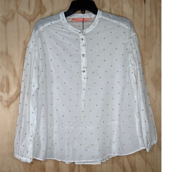 Vilagallo White Star Shirt Size 40 NWOT 3/4 Sleeve Cotton Blend Partial button - Picture 1 of 8
